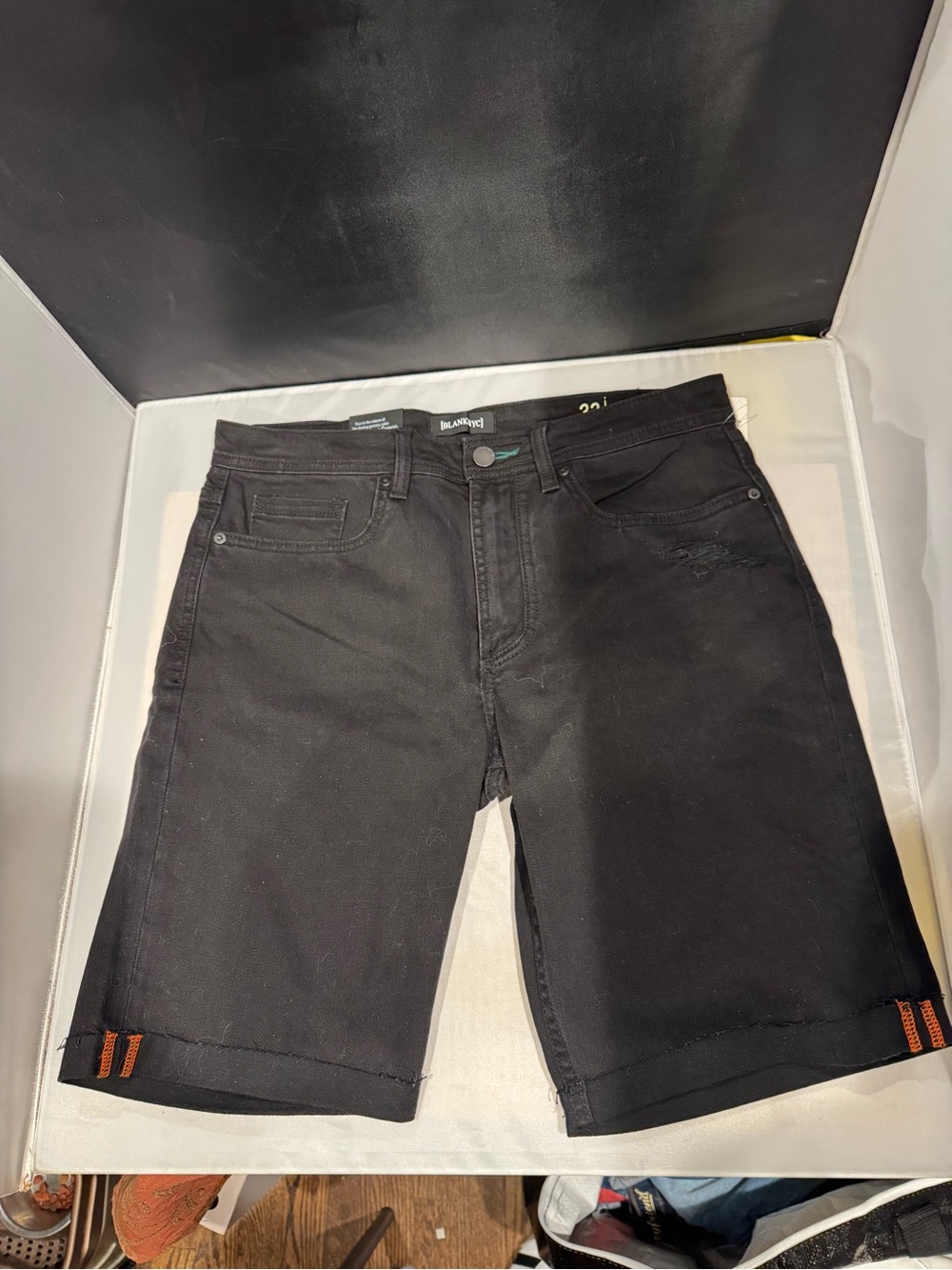 Blank NYC Horatio Black Denim Jean Shorts with Subtle Cuff Detail